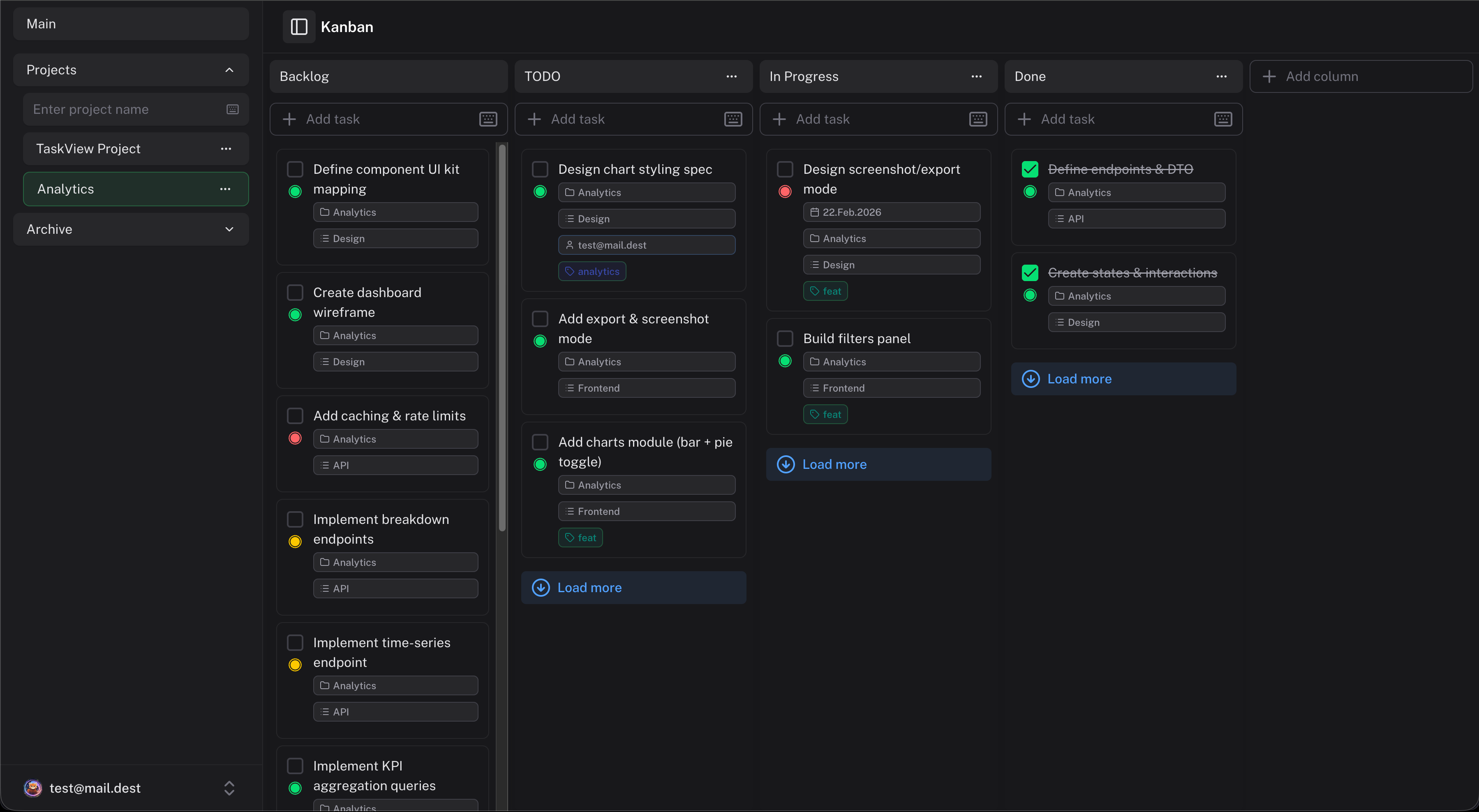 TaskView Kanban board with drag-and-drop task cards across status columns