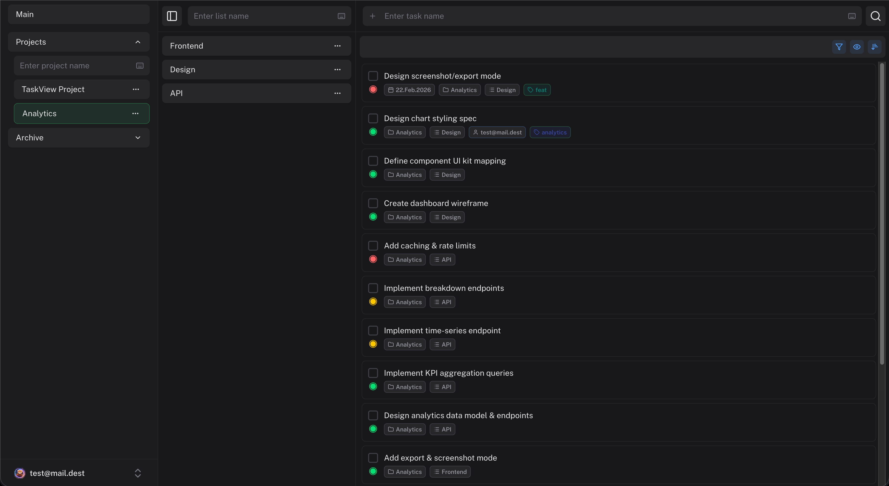 TaskView project with task lists and tasks organized in a sidebar and main content area