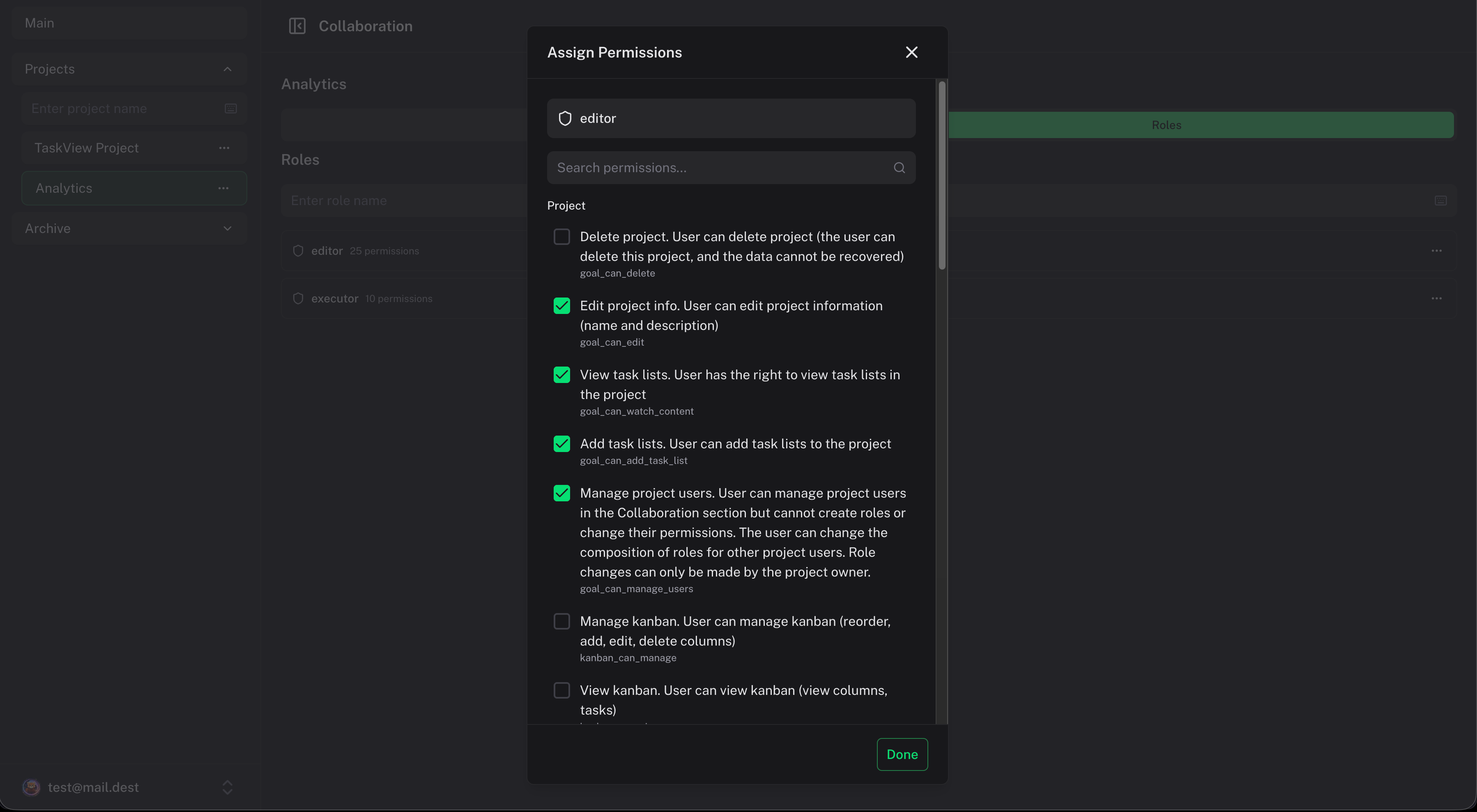 TaskView roles and permissions panel showing role creation and granular permission toggles per project