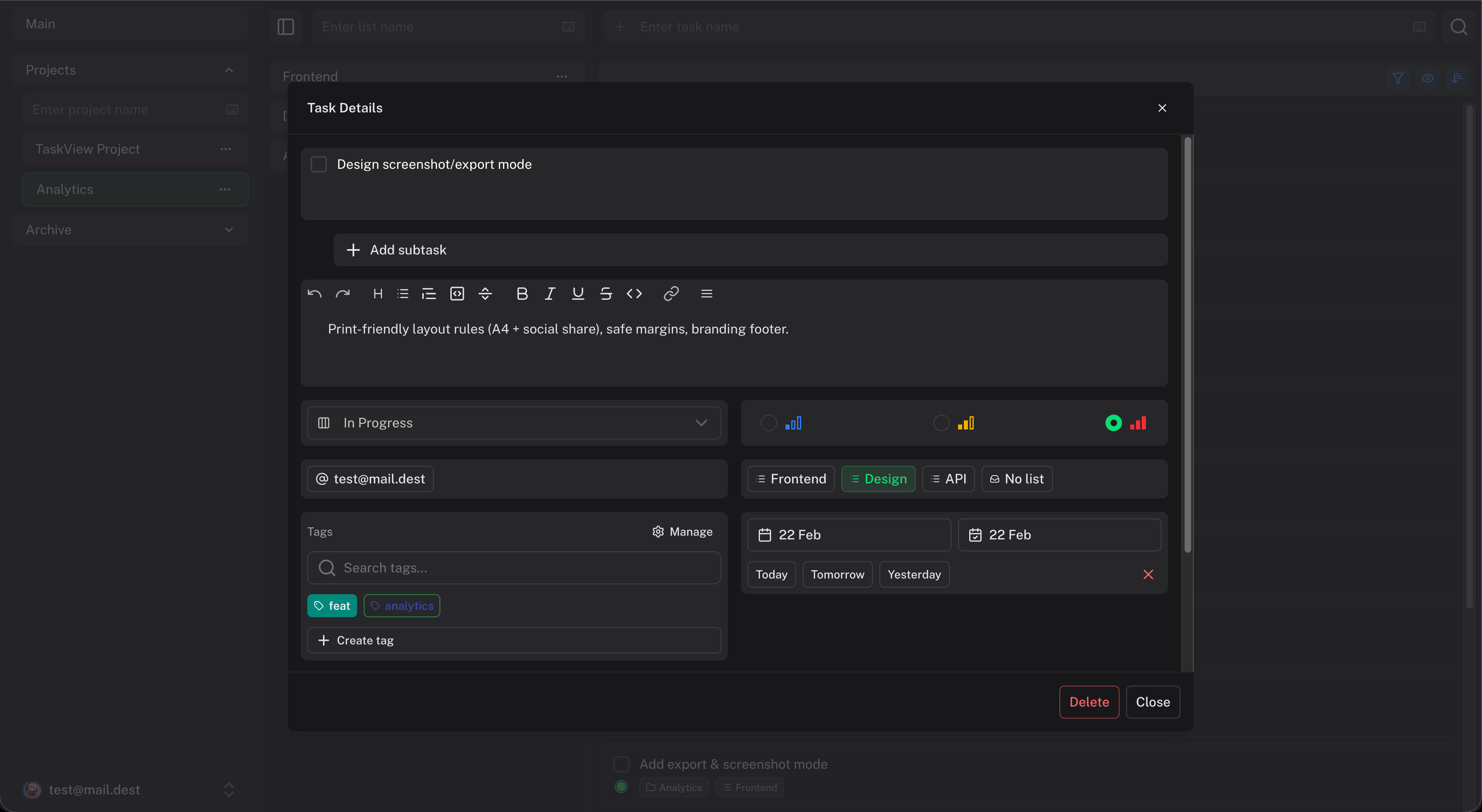 TaskView task detail panel with priority, deadline, assignees, tags, notes, and subtasks