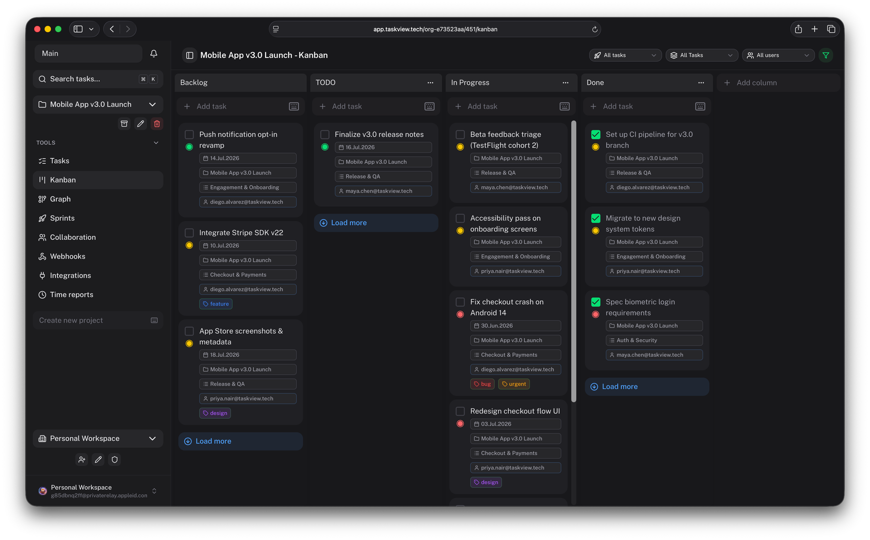 Kanban board with custom status columns