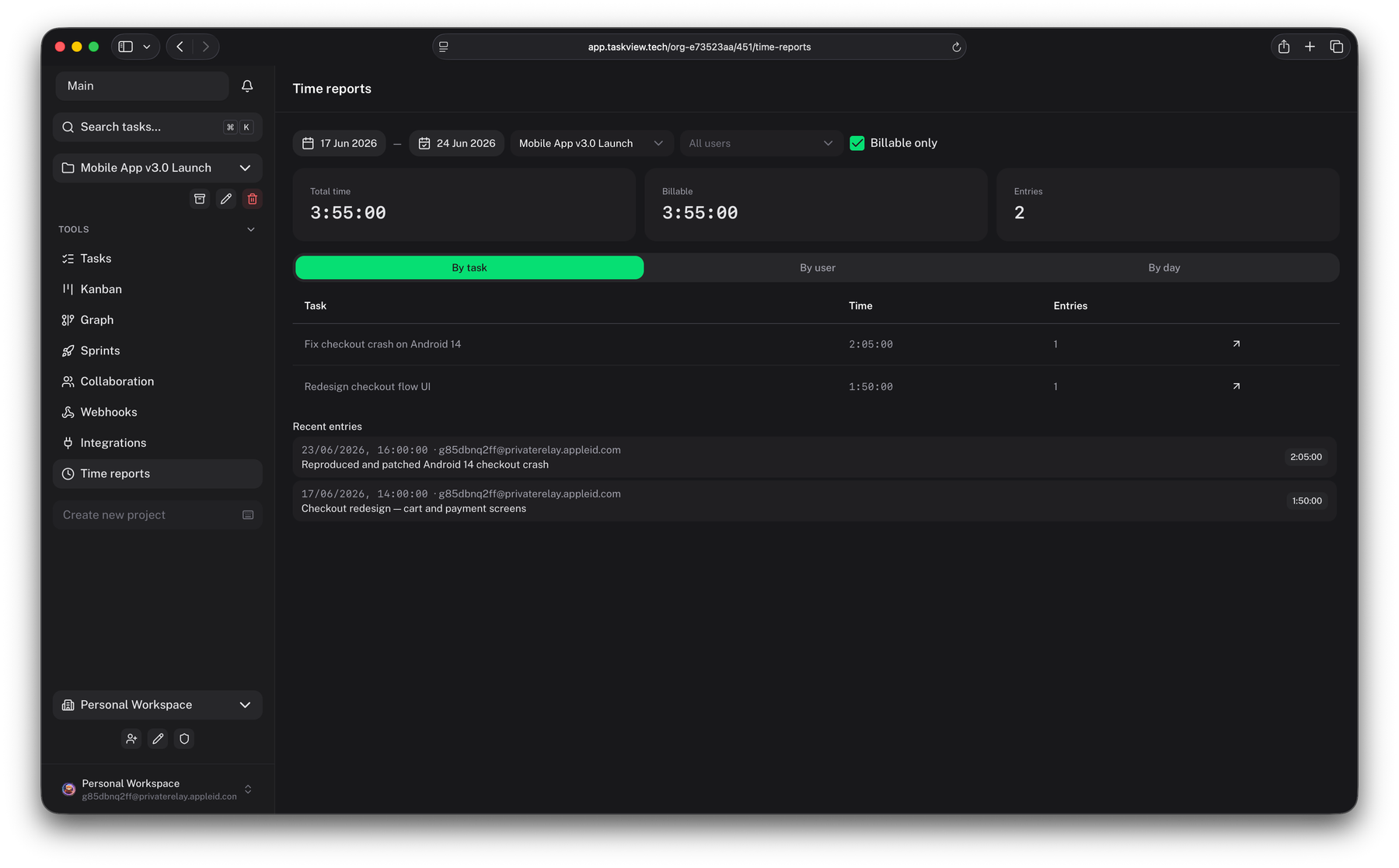 Time entries logged against a task in TaskView