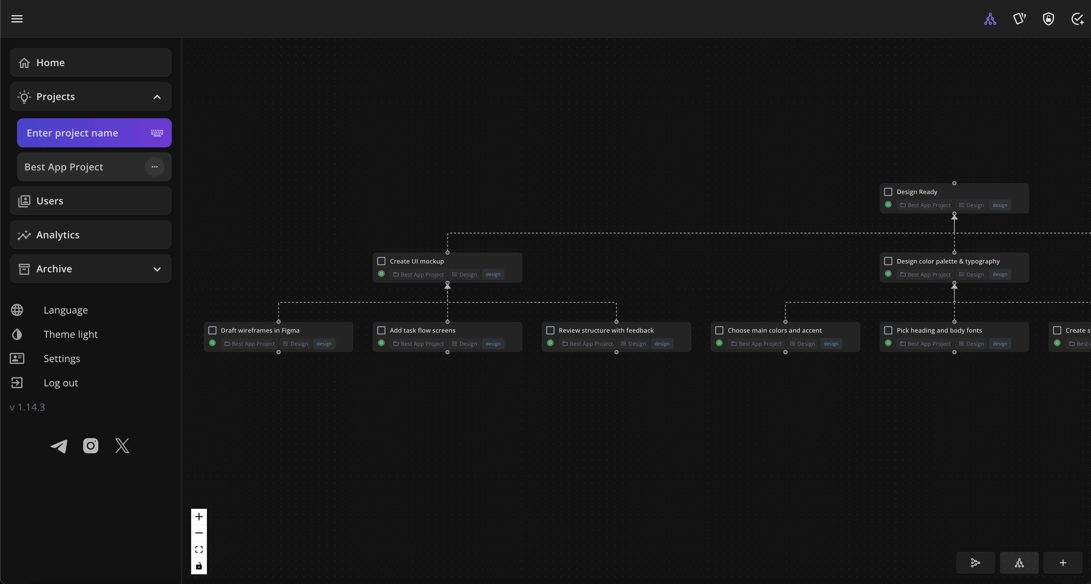 TaskView vertical task graph showing project structure with connected tasks and dependencies