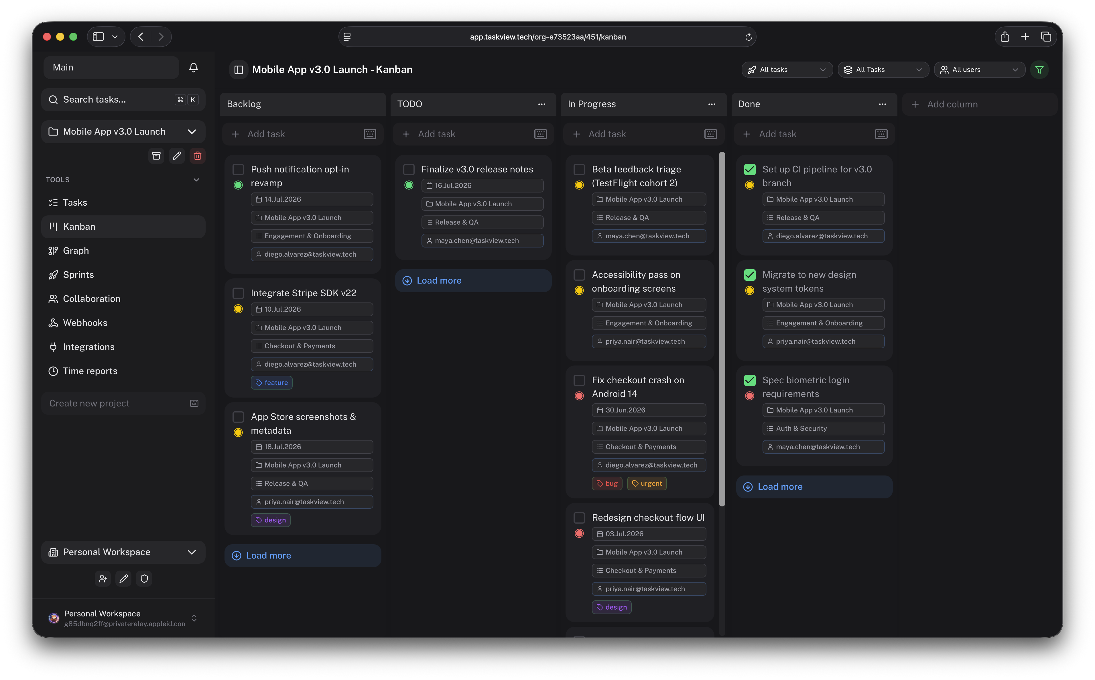 Task list, Kanban board, main dashboard, and sprint planning in TaskView