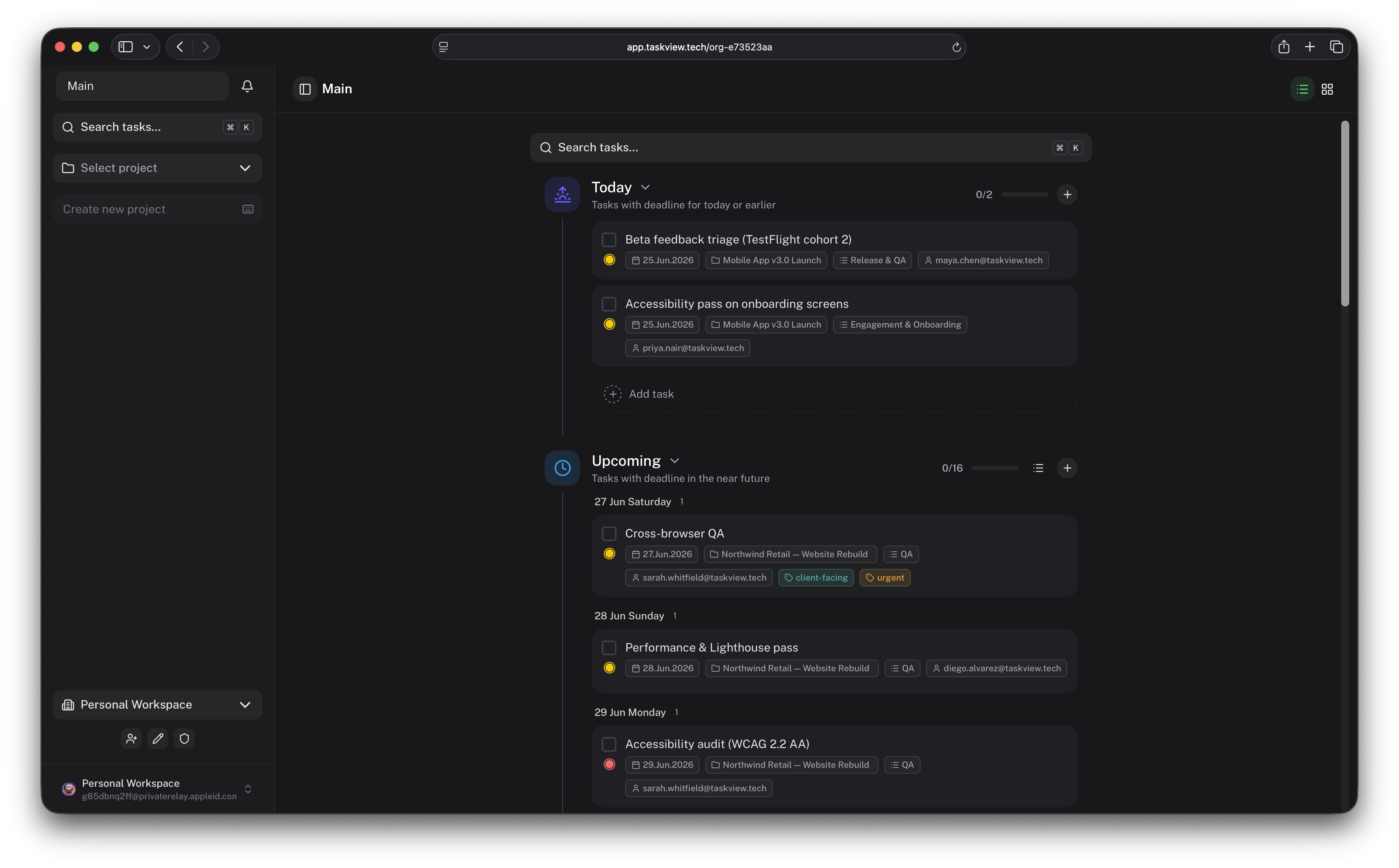 Task list, Kanban board, main dashboard, and sprint planning in TaskView