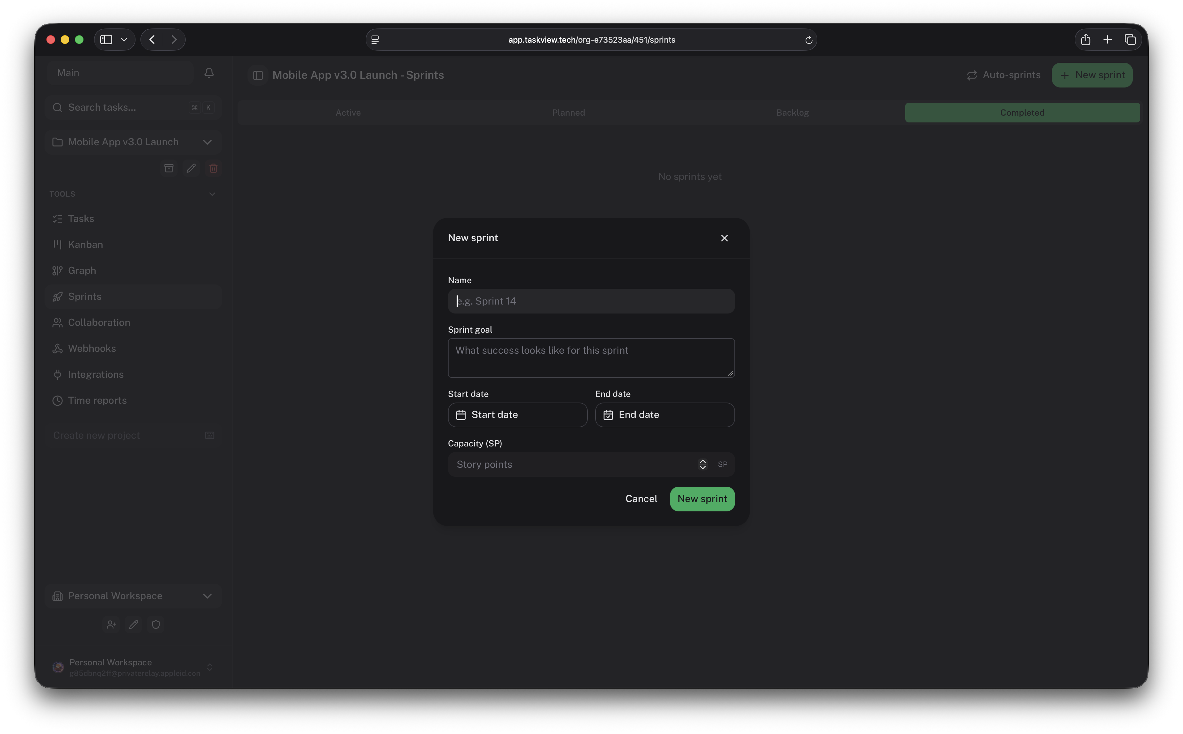 Task list, Kanban board, main dashboard, and sprint planning in TaskView
