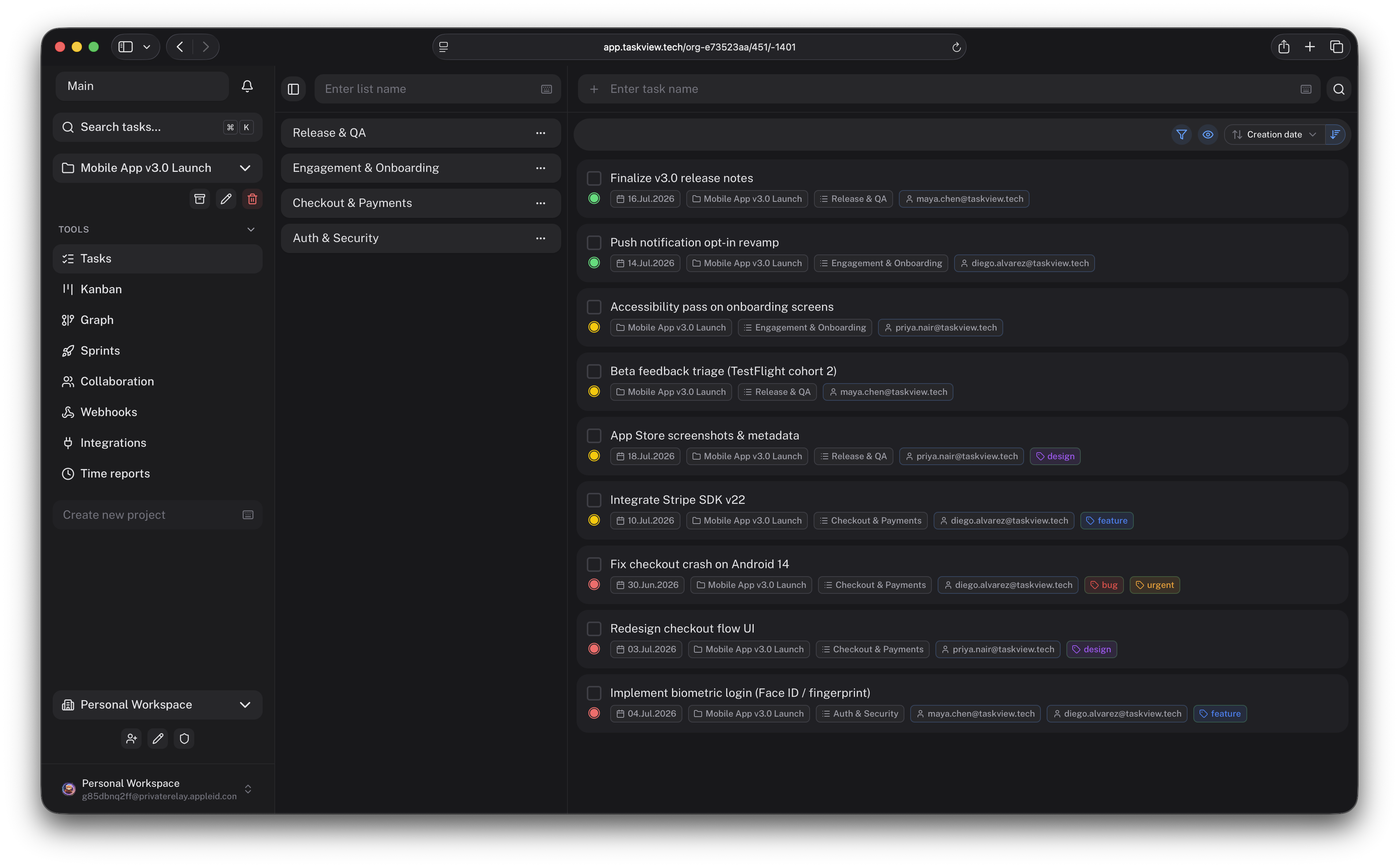 Task list, Kanban board, main dashboard, and sprint planning in TaskView