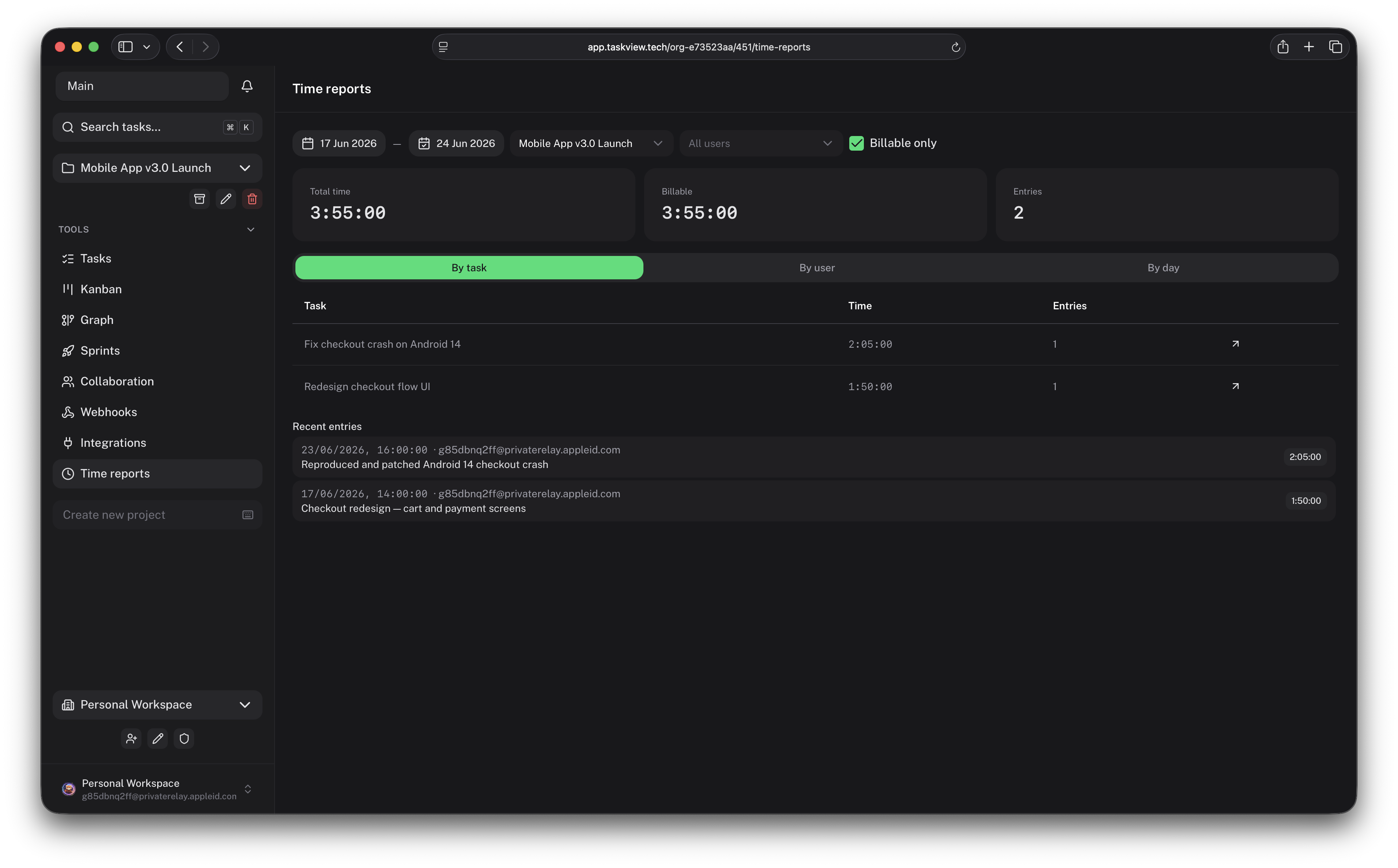 GitHub and GitLab integrations, team members, analytics dashboard, and time tracking in TaskView